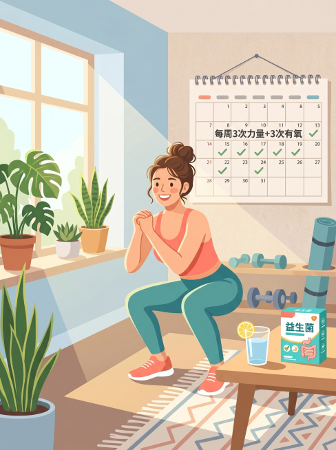 一位女性在客厅里锻炼，一边做深蹲一边面带微笑，旁边放着一杯水和一盒益生菌，墙上的日历上写着并勾选了"每周3次力量+3次有氧"，阳光从窗户洒入，温馨日常风格，扁平插画预览效果