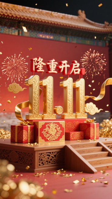 国潮古风风格，烫金浮雕“11.11”立体字，上方红色古风书法 “隆重开启” 艺术字，周围环绕红金纹古代礼盒、祥云纹金色丝带、传统烟花、金箔碎，背景为故宫红墙渐变，底部木质雕花阶梯展台。预览效果