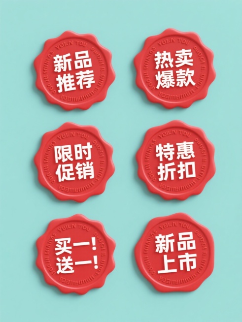 纯色背景上，同风格、同类目的6个完全不同元素内容的系列素材集合规整排布，每个素材均采用红色圆形印章设计，印章内有白色英文环绕和立体凸起的白色中文文字，分别为“新品推荐”“热卖爆款”“限时促销”“特惠折扣”“买一送一”“新品上市”，整体保持数字艺术的平滑过渡质感和清晰的视觉层级，确保信息传达效率。预览效果