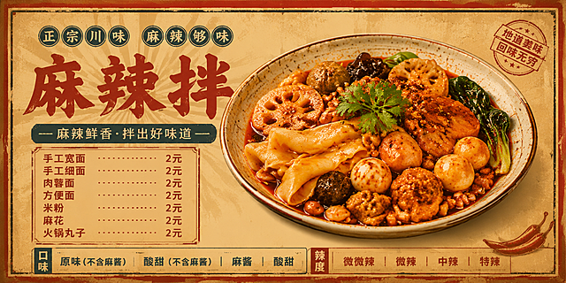 横版麻辣拌美食宣传海报，140厘米宽70厘米高，复古做旧风格背景，画面中央展示诱人的麻辣拌食物图片，海报左下角列出价格文字：手工宽面2元，手工细面2元，肉蓉面2元，方便面2元，米粉2元，麻花2元，火锅丸子2元。下方列出口味：原味（不含麻酱） 酸甜（不含麻酱） 麻酱 酸甜；辣度：微微辣，微辣，中辣，特辣。整体排版清晰简洁，食欲感强，复古怀旧氛围。