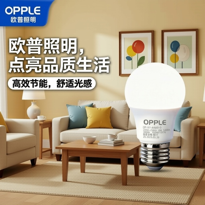 换个场景图，比例1:1，欧普logo，文案自由预览效果