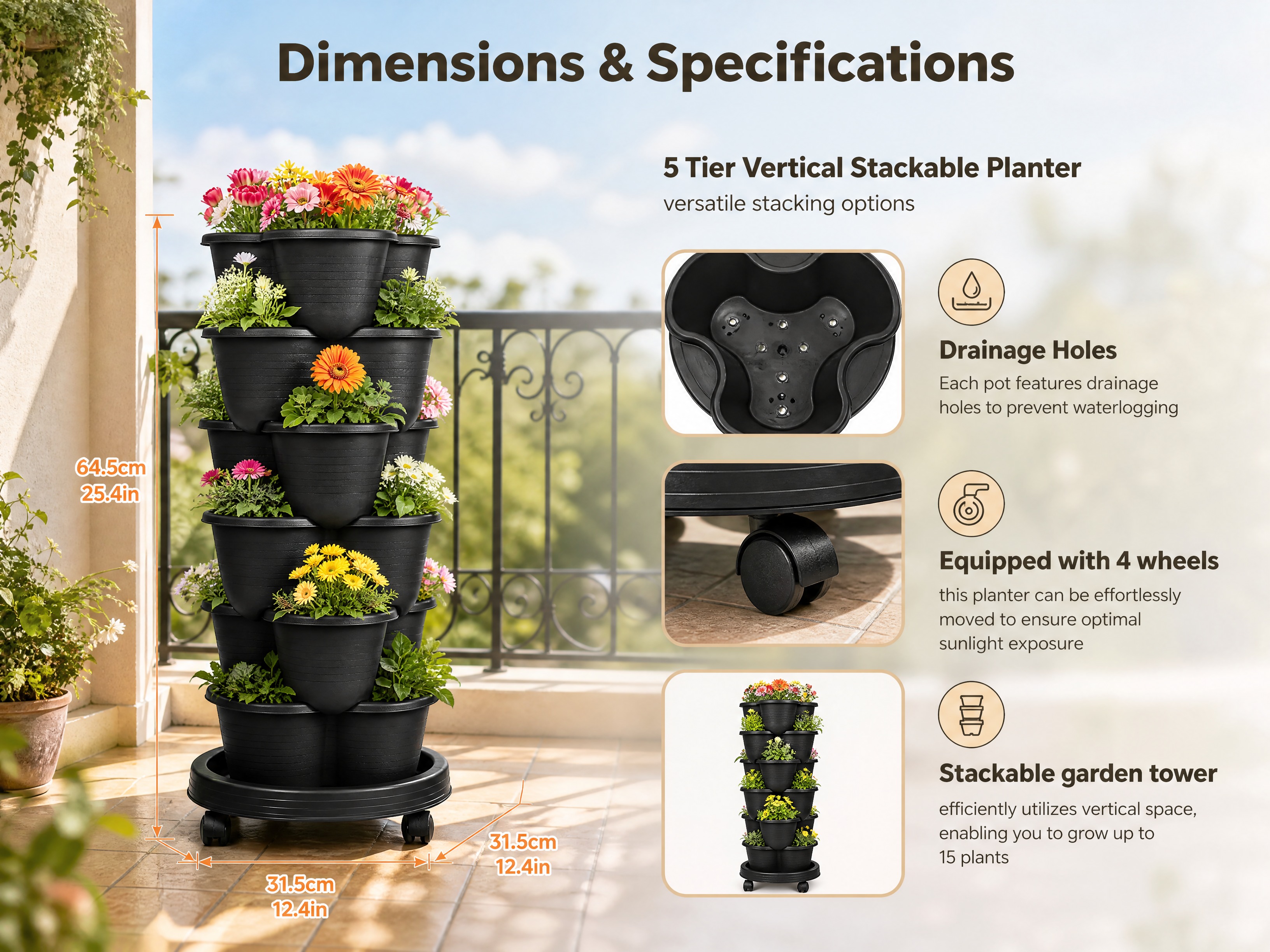 [商品] 使用【图1】黑色四瓣款5层立体可叠加种植箱（5 Ti… - 图片创意预览