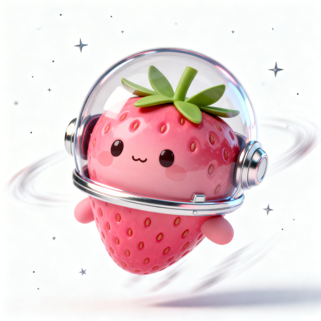 Q版卡通风格，拟人化的草莓形象，戴着宇航员头盔，在太空中漂浮，太空风格，白色背景预览效果