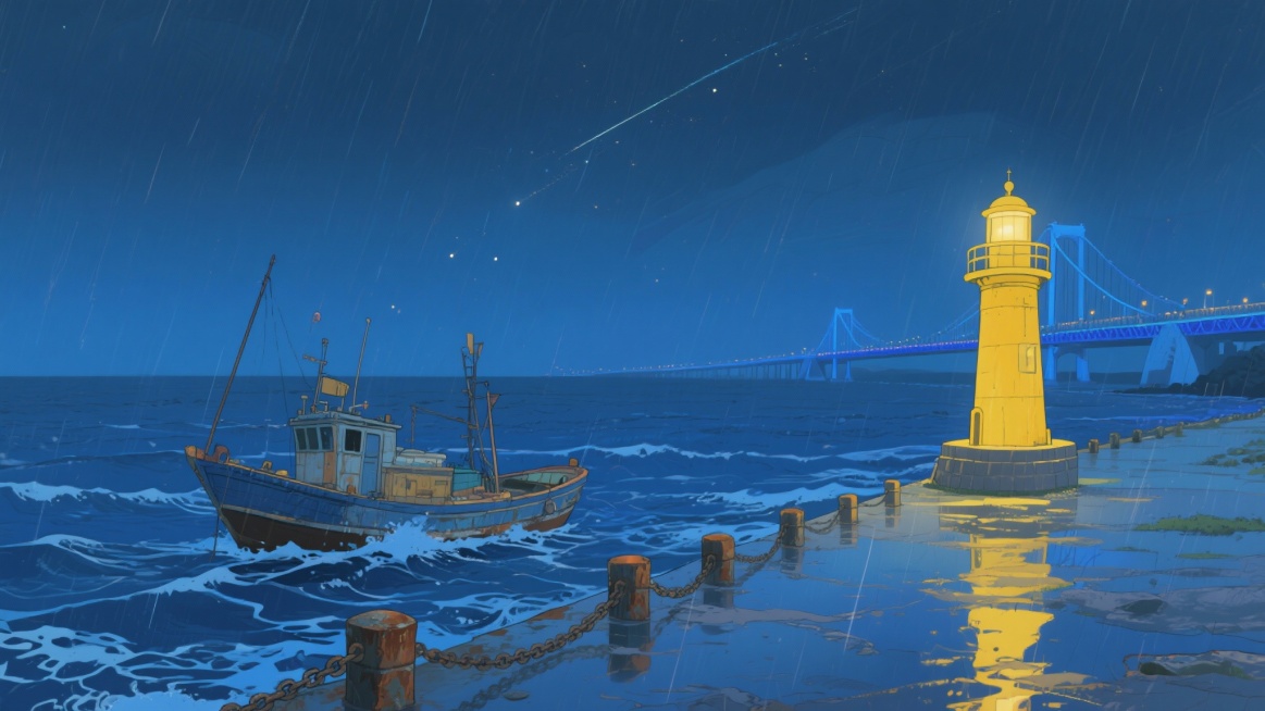 港风二次元，黑夜下雨海边，,安点，细节丰富，蓝色为主、黄色为辅，生成2张，不要人，4k，16:9预览效果