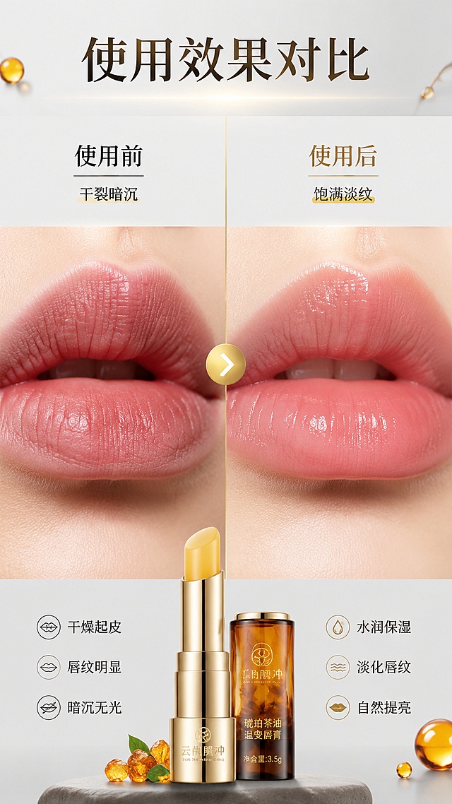 [第5屏] 使用效果对比展示板块，对比云尚腾冲琥珀茶油温变唇膏使用前后唇部状态。
[氛围/风格] 真实自然，效果直观，专业美妆展示风格。
[元素布局] 页面左右分屏对比：左屏展示使用前干裂暗沉唇部状态，右屏展示使用后饱满淡粉温润唇部，中间用箭头和文字分隔，页面底部放置缩小版产品图作为品牌展示。
[光影质感] 均匀一致的柔光照明，唇部纹理清晰，明暗对比自然。
[配色色系] 整体采用哑光浅灰打底，对比分割线用琥珀金，标题文字黑金渐变，重点效果暖琥珀黄标注。
[视角构图] 左右对称对比构图，直观清晰。
[文字版式] 顶部主标题「使用效果对比」，左侧标注「使用前 干裂暗沉」，右侧标注「使用后 饱满淡纹」，文字清晰不遮挡唇部对比区域，字体大小适配手机阅读。
[比例分辨率] 9:16竖版比例，宽度1080像素，高度1920像素，分辨率4K，高清画质。
[负向提示词] 夸张医疗对比，文字遮挡，文字模糊，色彩不协调，产品变形