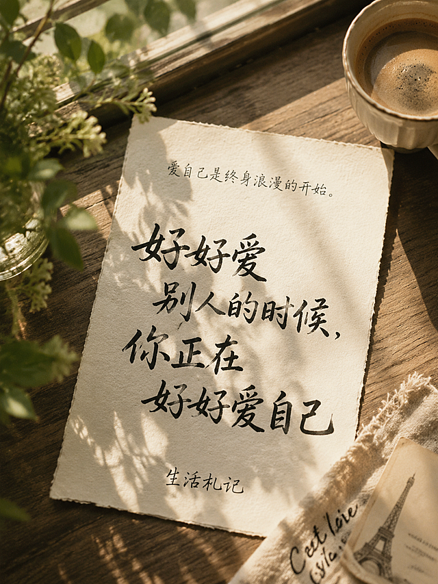 一张“爱自己”主题的高级情绪氛围感手写海报，主题风格为法式慵懒风。核心文案：中间主体是超大手写字标题“好好爱别人的时候，你正在好好爱自己”，要求毛笔手写字，保留真实笔锋和墨迹浓淡变化，不要电脑印刷字体。顶部是小字行楷人生感悟，底部添加副标题“生活札记”。主体画面：一张真实纸张卡片自然摆放在靠窗木桌上，旁边搭配咖啡杯和绿植，整体氛围像某个人在生活里认真写下的一句话。光影氛围：清晨窗边自然光，形成植物光斑影子，纸张高光，柔和空气感，整体安静温暖通透，有呼吸感。配色采用奶油白、暖米色、木质浅棕、焦糖浅咖低饱和配色，低饱和高级治愈。细节：文字清晰可读，保留真实纸张纹理，大面积高级留白，小红书高赞语录海报风格，真实摄影质感，竖版比例3:4，超高清4K。