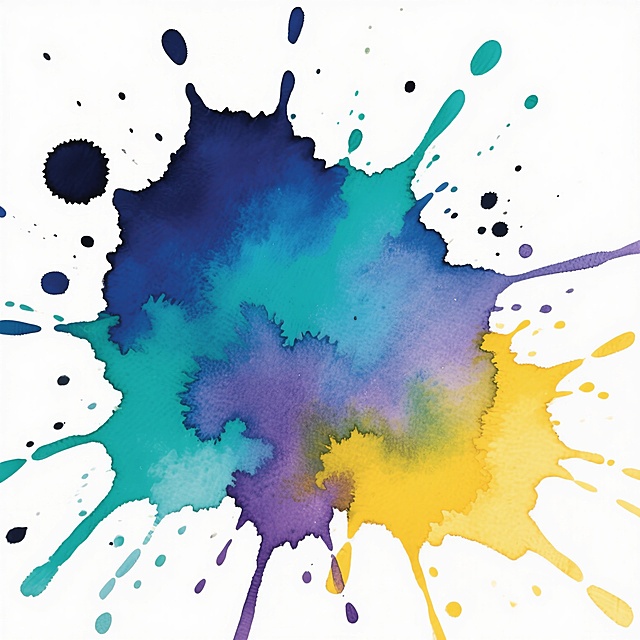 白色背景上，抽象水彩颜料飞溅效果，主体颜色搭配改为深蓝、湖绿、明黄与淡紫的和谐交融，色彩饱满浓郁，边缘带有自然晕染过渡，飞溅的形态富有动感和随机性，大小不一的墨点和飞溅轨迹分布其间，整体保持水彩特有的透明质感与流动性，画面充满活力与艺术气息。