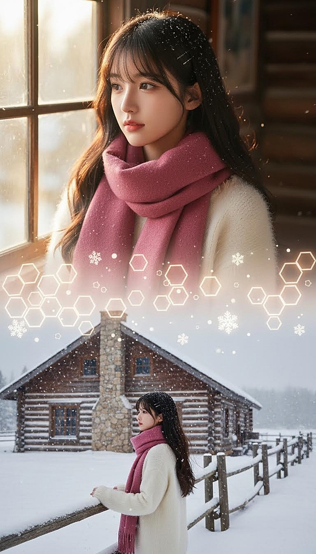 上宫格：大特写镜头，女生脸部特写，穿米白蓬松马海毛毛衣（领口带毛边），深粉色羊绒围巾绕颈两圈，冬日雪原木屋背景。木屋暖光从窗内漫出洒在侧脸，发丝沾着细碎雪绒发光，眼神带点对雪原静谧的憧憬，嘴唇微抿。
下宫格：中景镜头，女生站在木屋前的雪地中，手贴在木屋的木质围栏上看远处飘雪，身后木屋烟囱冒着袅袅炊烟，发丝被旷野的寒风轻轻吹起。
衔接元素：中间有大片六角雪花图标元素衔接，边缘带柔光效果。