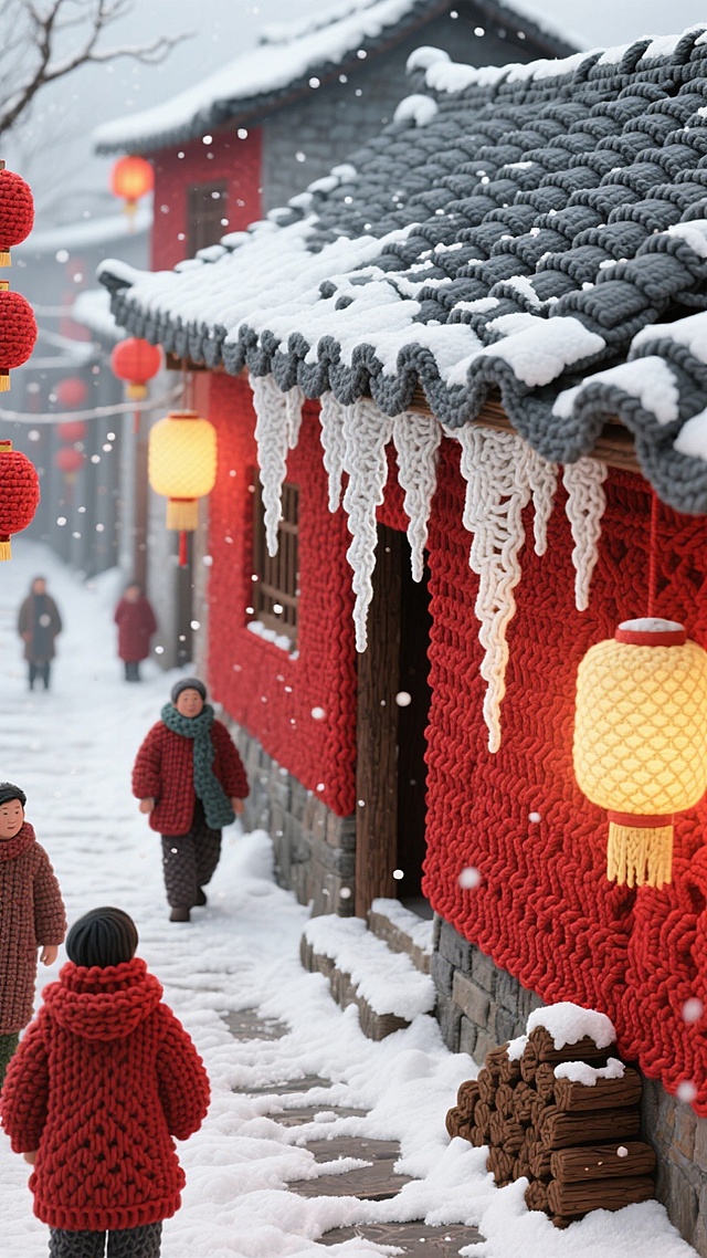 青瓦红墙的古村被雪覆盖，屋檐垂冰锥，巷弄铺薄雪，红灯笼挂满整条街，暖光映雪。村民裹厚衣散步，墙角堆着腌菜缸，门前晒着腊味，天空飘细雪，红 + 白 + 木棕配色，古意又温馨。