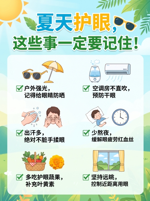 夏天护眼，这些事一定要记住！
✅户外强光，记得给眼睛防晒
✅空调房不直吹，预防干眼
✅出汗多，绝对不脏手揉眼
✅少熬夜，缓解眼疲劳红血丝
✅多吃护眼蔬果，补充叶黄素
✅坚持远眺，控制近距离用眼
这段文预览效果