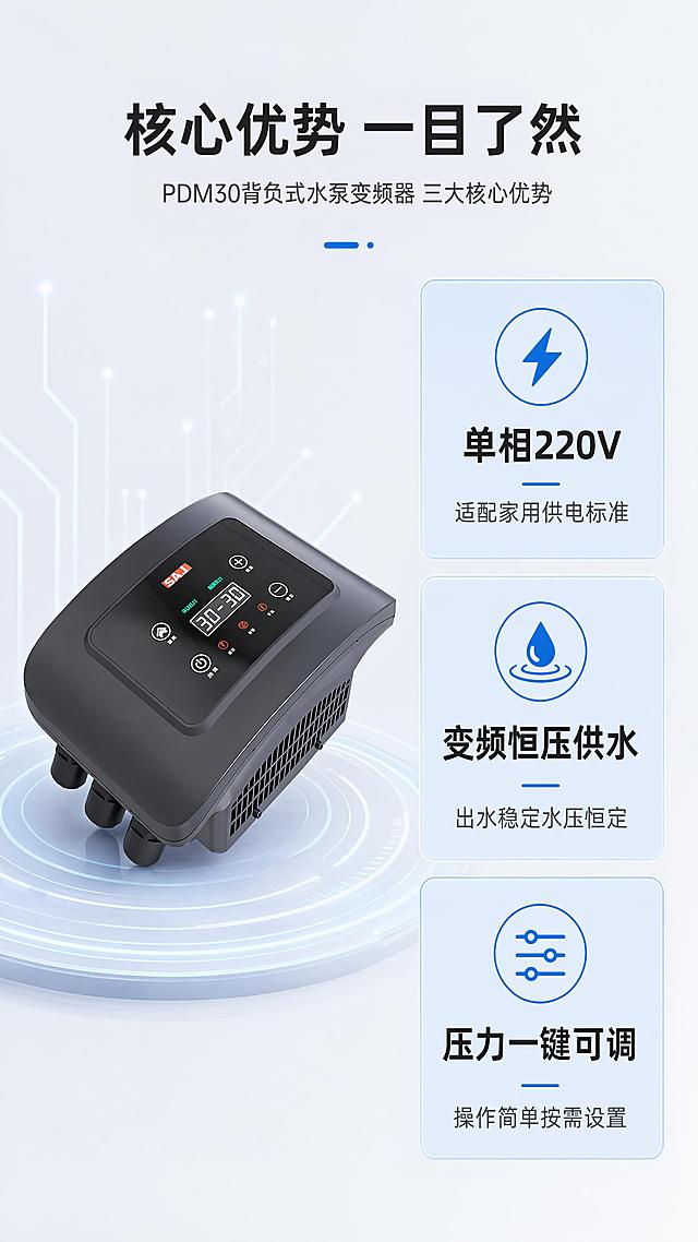 [第3屏] 核心卖点总览，多卡片展示PDM30背负式水泵变频器三大优势。本屏使用【图4】展示变频器主体，搭配卖点解析。
[氛围/风格] 专业清晰科技风，模块化卡片设计，信息层级分明，商业展示质感。
[元素布局] 顶部通栏主标题，左侧放置变频器产品大图占约40%宽度，右侧上下排列三个卖点卡片，每个卡片配图标+卖点名称+短描述，产品结构、按键、颜色与输入图一致。
[光影质感] 均匀布光，产品保留金属磨砂质感，卡片内容清晰不灰暗，整体明暗适中。
[配色色系] 全局底色 #F0F2F5，主色深灰科技黑，卖点卡片用浅蓝色底配深灰文字，图标用蓝色点缀，保持简洁专业。
[视角构图] 左右分栏构图，左产品右卖点，阅读动线从上到下，信息清晰不拥挤。
[文字版式] 顶部主标题 "核心优势 一目了然"，左侧产品，右侧三个卖点：第一点"单相220V"描述"适配家用供电标准"，第二点"变频恒压供水"描述"出水稳定水压恒定"，第三点"压力一键可调"描述"操作简单按需设置"；每个卖点文字清晰，不遮挡产品主体。
[比例分辨率] 9:16竖版比例，4K分辨率，文字清晰可辨。
[负向提示词] 产品变形，结构错误，颜色偏差，文字错乱，文字过小，缺件错件，背景杂乱，水印