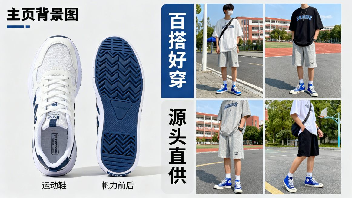 主页背景图设计，视觉聚焦且穿搭感强，布局采用左侧展示运动鞋与帆布鞋前后细节对比，呈现鞋面材质、鞋底纹路、鞋型做工细节，右侧展示不同身高穿搭风格的模特上脚实景，包含日常出街、校园、休闲运动多场景，主色调预览效果