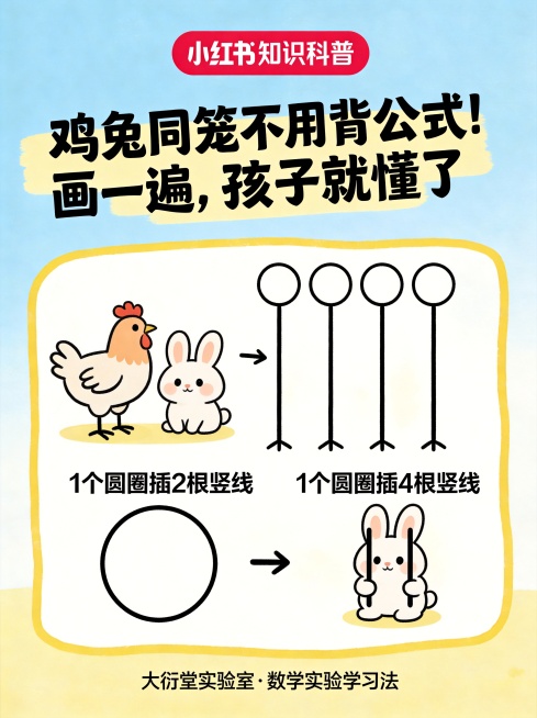 在原图基础上，添加一只兔子，示意图：1个圆圈插2根竖线（鸡），1个圆圈插4根竖线（兔子），保持原有手绘风格和全部文案：大标题"鸡兔同笼不用背公式！画一遍，孩子就懂了"，底部小字"大衍堂实验室·数学实验预览效果