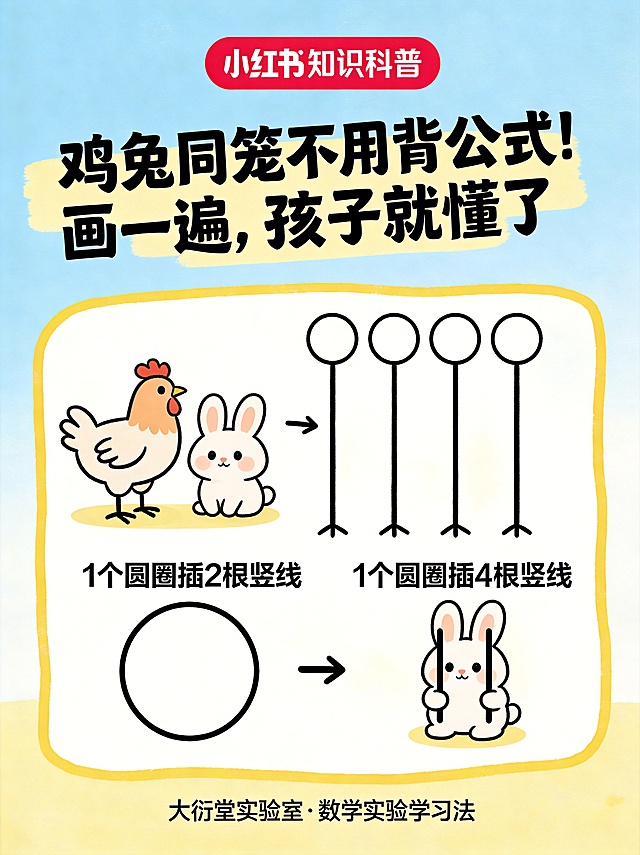在原图基础上，添加一只兔子，示意图：1个圆圈插2根竖线（鸡），1个圆圈插4根竖线（兔子），保持原有手绘风格和全部文案：大标题"鸡兔同笼不用背公式！画一遍，孩子就懂了"，底部小字"大衍堂实验室·数学实验学习法"，整体风格依然清晰活泼，适合亲子教育