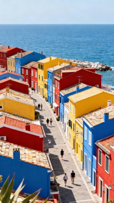 帮我生成20张自然与人文景观摄影图，呈现水下绿植、海边彩色小镇、沿海公路、海边礁石、城市日落、月夜雪山、田野旧卡车与缤纷花田等多元场景，色彩丰富明快，构图整齐清晰，整体传递出清新治愈、充满生活气息的旅预览效果