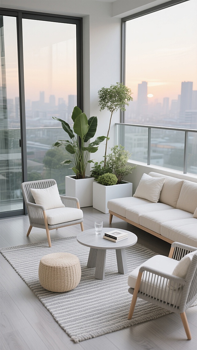 现代简约风格阳台设计，干净明亮的设计感，黄昏时分柔和自然光洒入，浅灰色木地板地面，中央铺着浅灰色条纹编织地毯，地毯上放置米色圆形编织矮凳、浅灰色木质小圆桌（桌上有透明玻璃杯和书籍），两张浅灰色条纹编织单人椅配米白色靠垫，靠墙处有浅米色布艺沙发，白色方形花盆中种植多株绿色植物（包括高大绿植和小型灌木），玻璃护栏外可见模糊城市天际线，整体色调以灰白、米白、浅木色为主，视觉层次分明，信息传达简洁，营造宁静舒适的休憩氛围，适合作为背景素材使用。