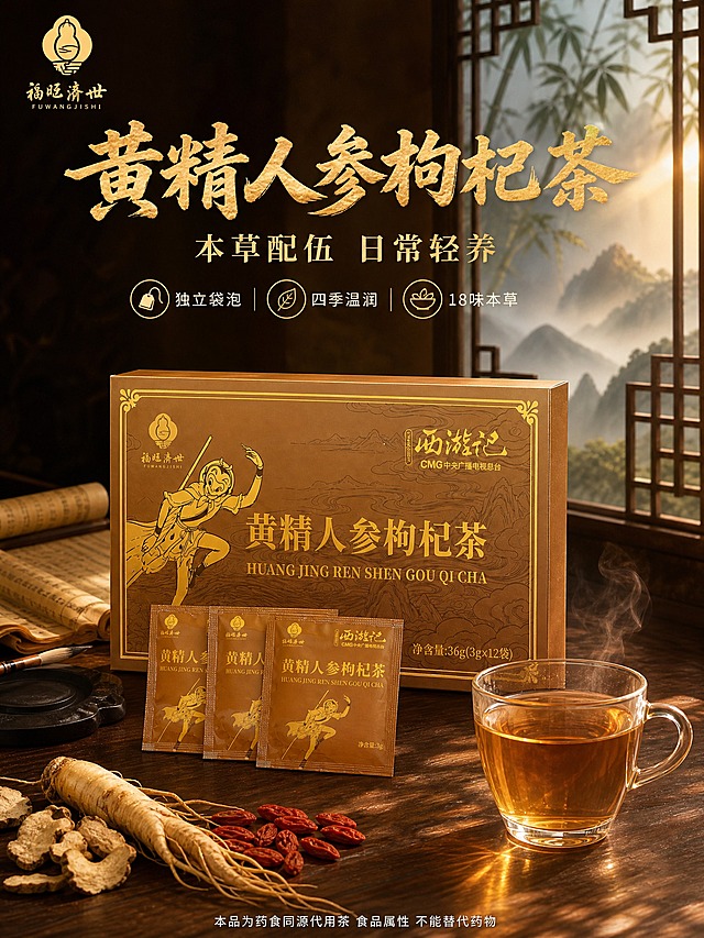 [商品] 使用【图1】黄精人参枸杞茶礼盒与茶包、茶汤组合图；保留礼盒棕金色包装、孙悟空形象、西游记联名标识、黄精人参枸杞茶字样、福旺济世Logo，保留茶包小袋包装设计，保留透明玻璃杯与茶汤；商品处理：保持产品外观、颜色、结构、比例完全一致，增强礼盒烫金质感与茶汤通透度，去除原图多余杂物。
[画面] 详情页第1张，食欲氛围头图，场景氛围型。目标是定调国风品质与日常轻养，营造东方雅致的第一印象。上文下图构图，画面下方约65%区域为产品主体：中央放置完整礼盒，礼盒前方斜放3袋独立茶包，右前方放一只盛有琥珀色茶汤的透明玻璃杯，杯口有轻微热气升腾；左下角散落人参、枸杞、黄精原料；背景为中式古典花格窗景，透过窗格可见远山云雾、竹林剪影，柔和晨光从窗外洒入，在桌面形成斑驳光影；桌面为深棕色实木质感，有古籍卷轴、毛笔砚台等国风道具点缀；产品主体占画面约60%，礼盒完整不切割。
[视觉] 套系策略：风格=国风品质商业摄影 中式山水意境；标题字=粗厚国风书法体 烫金色 有飞白笔触感；正文字=细宋体+简洁黑体组合；主色=深棕 暖棕 烫金；背景延展=基于深棕暖棕做深浅层级 中式窗格山水剪影 云雾纹理；强调色=茶汤琥珀色+枸杞红色 仅用于小面积点缀；标题色=烫金色；正文色=米白色+浅金色；组件=圆角深棕信息卡 金色细线引线 印章式标签；光影=左前侧暖柔光 窗边自然光感 产品底部自然接触阴影。
[文字] 画面上方主标题："黄精人参枸杞茶"，粗厚国风书法体烫金色，字号最大；主标题下方副标题："本草配伍 日常轻养"，细宋体浅金色，字号约为主标题1/2；副标题下方3个小卖点横排："独立袋泡""四季温润""18味本草"，简洁黑体米白色，配小图标；左上角放"福旺济世"品牌小Logo；底部一行合规小字："本品为药食同源代用茶 食品属性 不能替代药物"，白色小字清晰可读。
[规格] 图片比例3:4竖版，4K分辨率，文字横排清晰可读，移动端可辨；禁止变形、错字、文字过小、京东Logo、水印、二维码、绝对化用语、医疗功效宣称、冷蓝/冷灰背景、产品悬浮穿模。