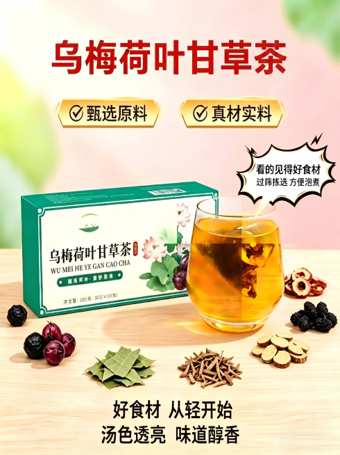 仅将图片主标题和包装盒上的“乌梅荷叶甘草饮”改成“乌梅荷叶甘草茶”，其余所有内容、构图、风格都保持不变预览效果