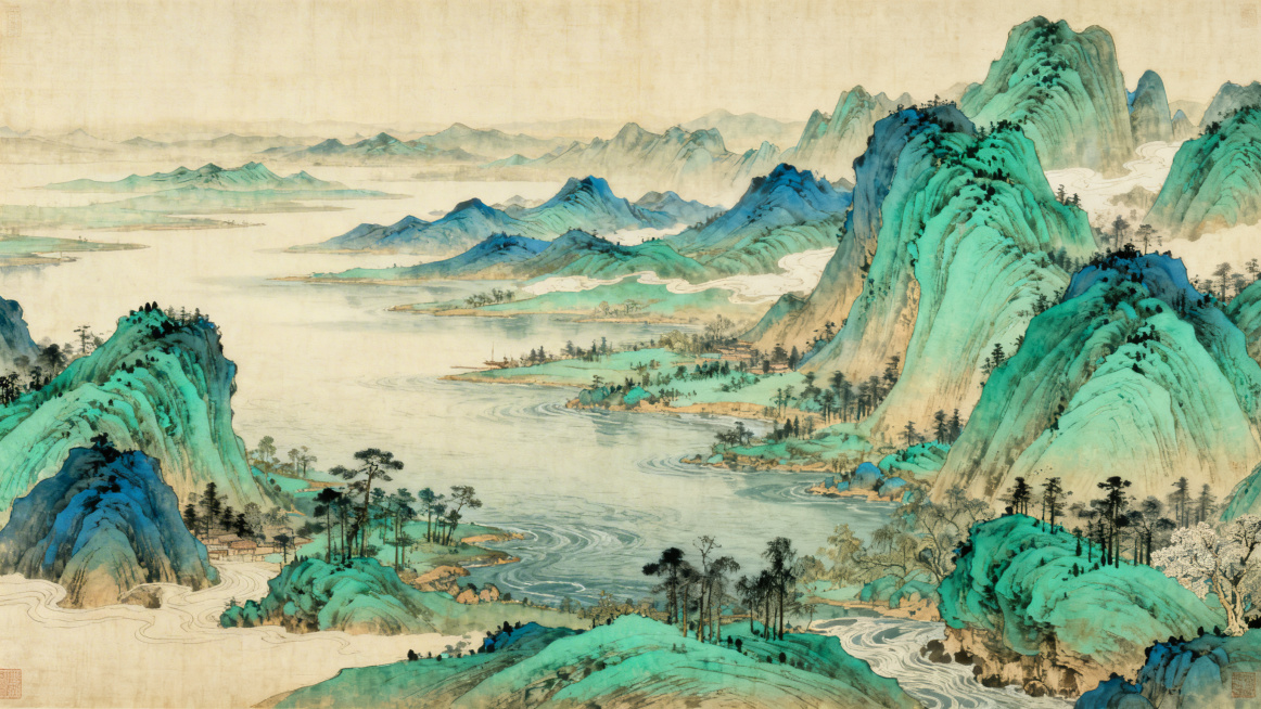 中国风山水画卷，千里江山图风格，青绿山水画，恢弘大气的山河景观，层峦叠嶂，烟波浩渺，传统工笔绘画风格，青绿设色，意境悠远预览效果