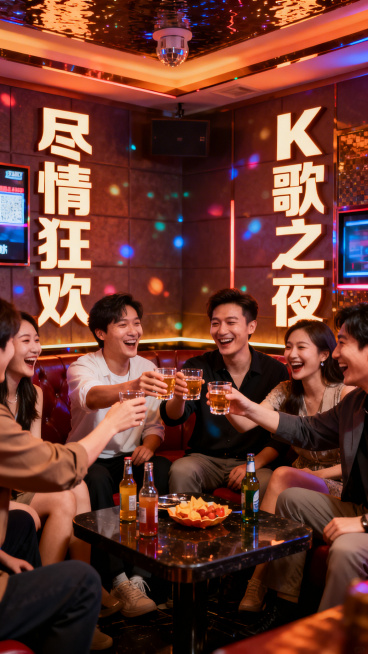 西安KTV包间，灯光璀璨，一群人围坐在一起举杯欢笑，配有“尽情狂欢”“K歌之夜”文字，无商业标识预览效果