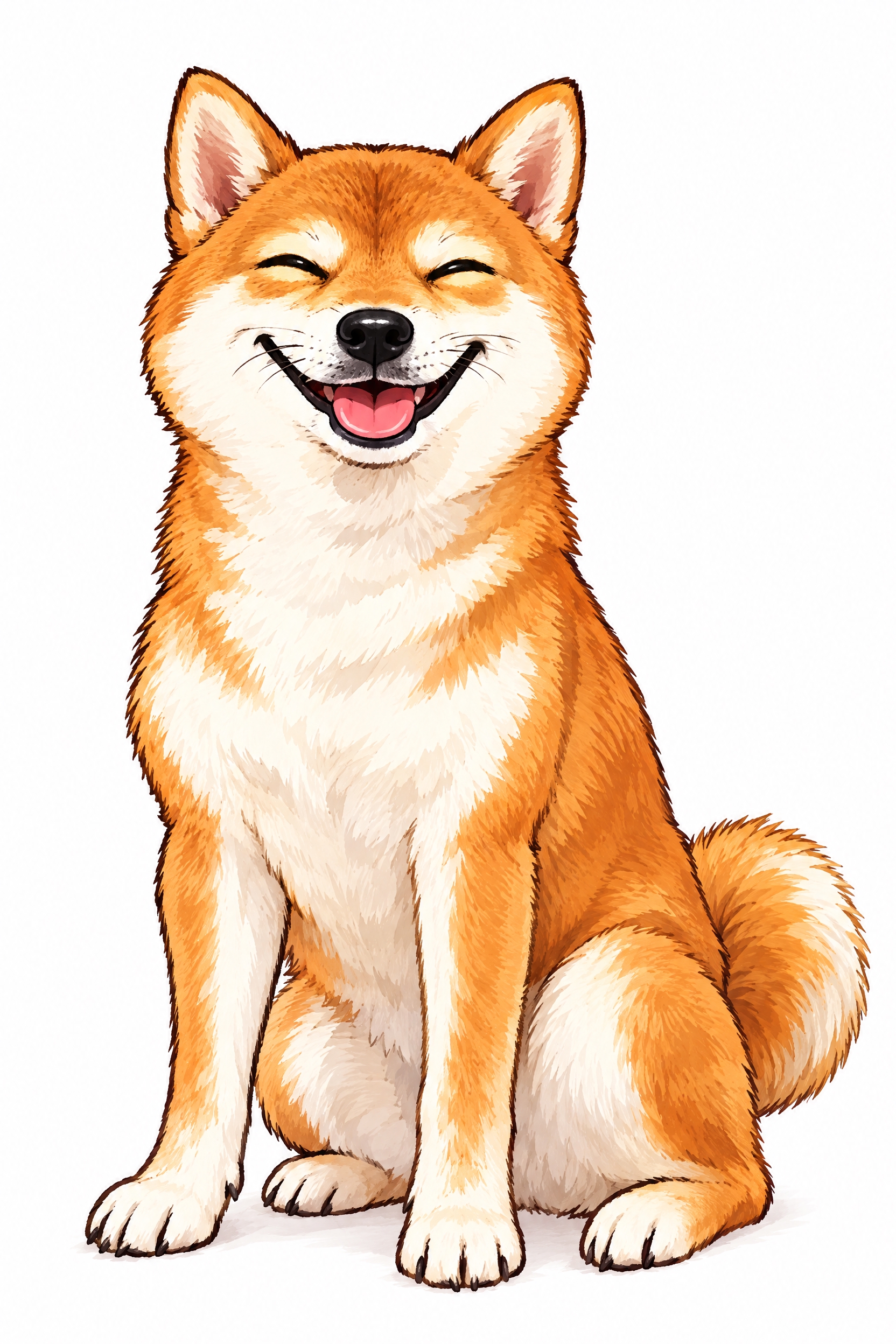 参考图中坐姿柴犬、眯眼咧嘴大笑的狗狗，重新绘制为彩色插画风格，… - 图片创意预览