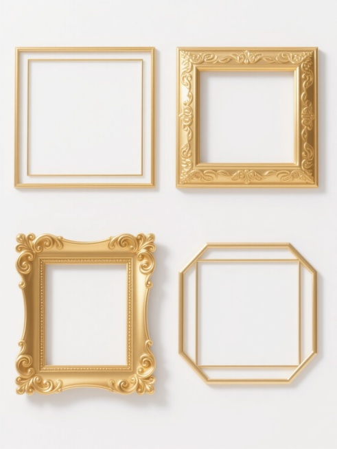 一组四个金色边框系列素材集合，每个边框都保持相同的金色金属质感、光泽度和纯白色背景，同时具有完全不同的造型设计：第一个是简约双层细金边矩形边框，第二个是带有复古花纹装饰的宽边方形边框，第三个是边角带有精致卷曲花纹的金色相框式边框，第四个是线条流畅的现代几何形状金色边框，四个边框元素规整地排布在画面中，保持整体风格的统一性和设计感。预览效果