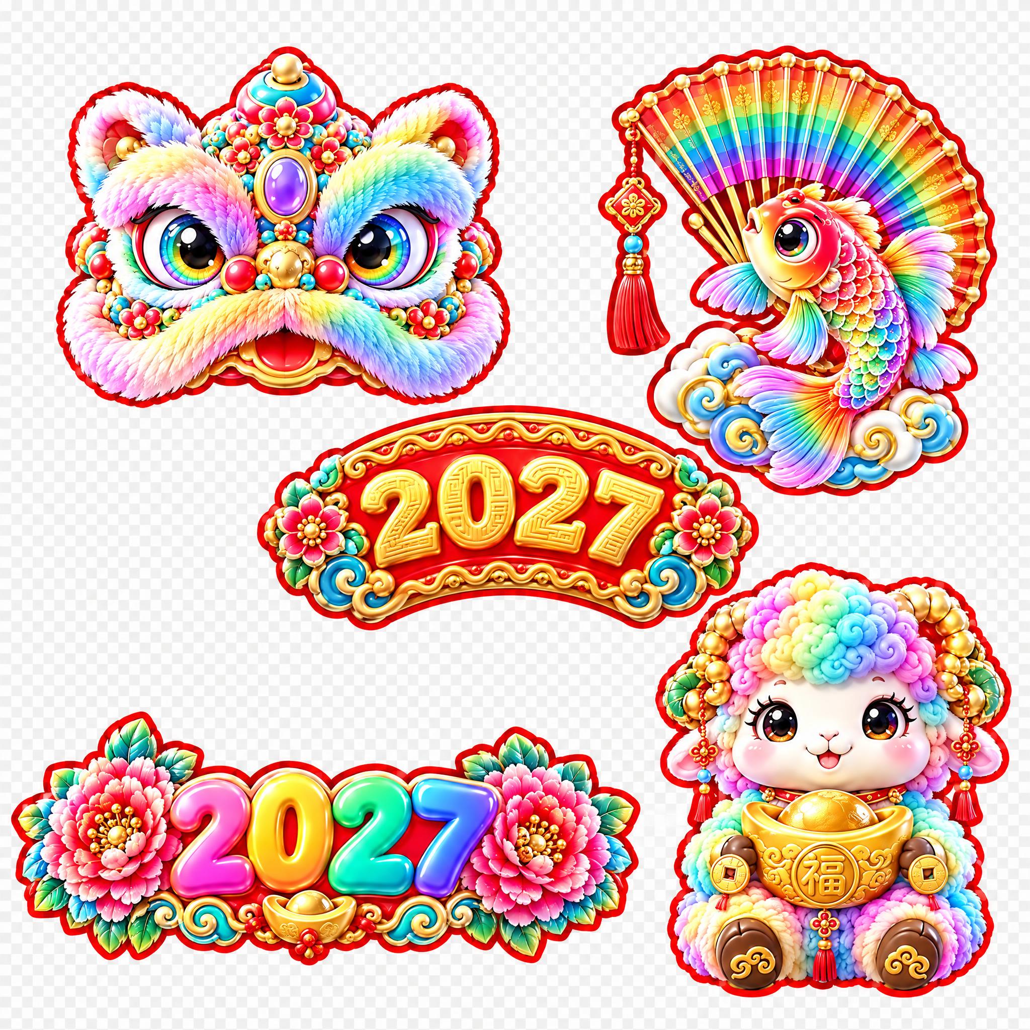 仿照参考图的5个春节装饰元素，再次生成高度相似但细节不同的新版… - 图片创意预览