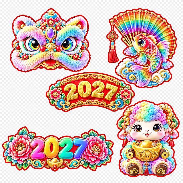 仿照参考图的5个春节装饰元素，再次生成高度相似但细节不同的新版本，保持整体造型、布局、风格、配色完全一致，仅调整更多细节：1. 醒狮头（彩虹渐变毛绒醒狮，红边描边，额头主宝石改为椭圆形，周围小花改为五瓣花，眼睛虹膜纹理调整，嘴部红色区域形状微调，绒毛蓬松度略有不同）；2. 锦鲤折扇（彩虹锦鲤+折扇+祥云组合，红边描边，锦鲤身体鳞片花纹调整，折扇扇骨数量增加两根，流苏顶部中国结改为菱形结，祥云卷涡方向微调）；3. 2027弧形牌匾（红色弧形底+金色2027数字，两侧花朵祥云装饰，红边描边，数字表面浮雕改为回纹图案，上下边框回纹改为波浪纹，两侧花朵改为六瓣花）；4. 2027花朵装饰字（左右大花朵+彩虹渐变2027数字，红边描边，花朵改为重瓣牡丹造型，花蕊加金色小珠子，数字光泽感调整，底部小如意改为小元宝装饰）；5. 抱元宝彩虹小羊（坐姿抱金元宝，彩虹渐变羊毛，红边描边，小羊眼睛睫毛数量增加，羊角金色装饰改为圆珠串，元宝两侧加小铜钱装饰，脚掌上的花纹改为祥云纹）。整体与参考图高度相似，3D卡通国潮膨胀风，透明背景，元素独立，细节有多处可辨识差异但整体观感非常接近。