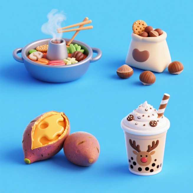 4个冬季美食元素，分别是：冒着热气的火锅（锅内铺满食材，小筷子正伸向锅里），一袋糖炒栗子（旁边散落几颗小栗子），剥开的芝士流心烤红薯（靠在一个完整小红薯上），一杯奶茶（顶部是奶油顶，点缀糖霜饼干与巧克预览效果