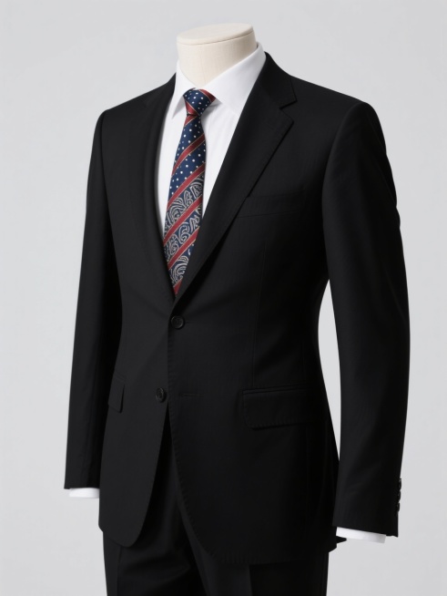 1. 纯黑色西装搭配白色衬衫，深蓝色底白色细小波点花纹领带，纯色背景，专业商务风格，清晰的服装剪裁细节，平滑的面料质感，正面展示，无头模特  
2. 纯黑色西装搭配白色衬衫，酒红色底金色斜条纹花纹领带，纯色背景，专业商务风格，清晰的服装剪裁细节，平滑的面料质感，正面展示，无头模特  
3. 纯黑色西装搭配白色衬衫，深灰色底蓝色几何菱形花纹领带，纯色背景，专业商务风格，清晰的服装剪裁细节，平滑的……预览效果