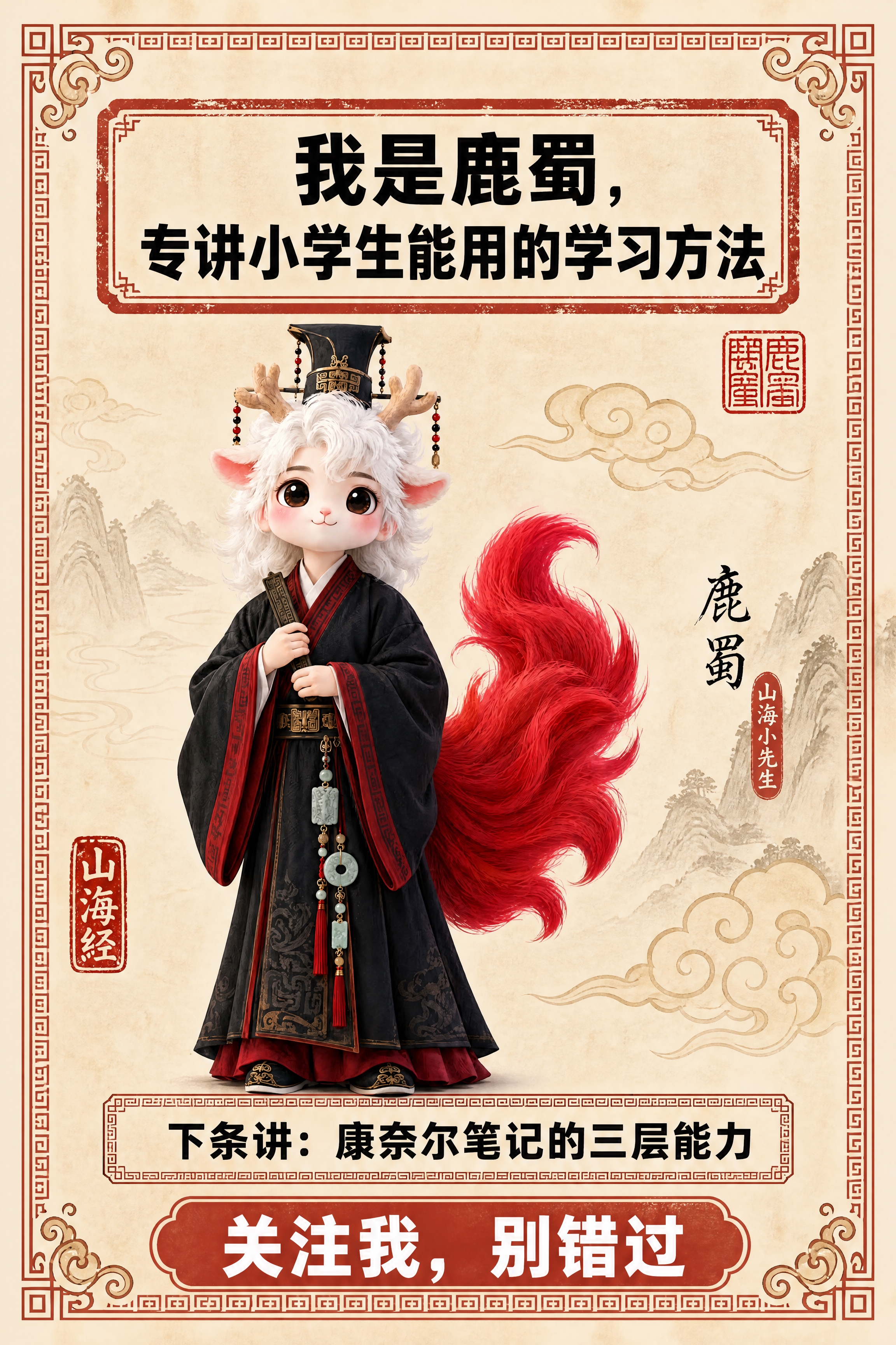 小红书笔记结尾页，统一模板，国风山海经风格，米黄色宣纸纹理背景… - 图片创意预览