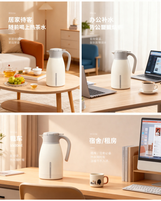 3个高频使用场景分屏展示图，统一暖调氛围，突出产品百搭属性：
场景1（左上）：居家客厅画面，保温壶放在茶几上，搭配茶具、果盘，家庭聚会场景，配文案：「居家待客，随时喝上热茶水」
场景2（右上）：办公室预览效果
