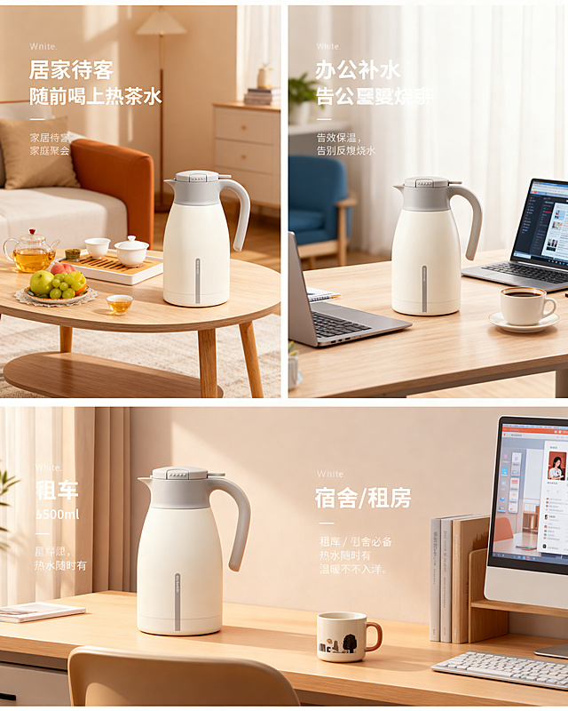 3个高频使用场景分屏展示图，统一暖调氛围，突出产品百搭属性：
场景1（左上）：居家客厅画面，保温壶放在茶几上，搭配茶具、果盘，家庭聚会场景，配文案：「居家待客，随时喝上热茶水」
场景2（右上）：办公室工位画面，保温壶放在办公桌上，搭配电脑、咖啡杯，办公场景，配文案：「办公补水，长效保温，告别反复烧水」
场景3（下方）：宿舍/租房画面，保温壶放在宿舍书桌，搭配马克杯，学生/租房党场景，配文案：「租房 / 宿舍必备，热水随时有，温暖不打烊」
用不同人群的真实使用场景，让用户快速代入，保持保温壶原有米白色和灰色外观，保持物理结构绝对不变，整体为国内电商种草风格，柔和漫射柔光，低对比度，画面明亮干净，莫兰迪暖色调，商业级4K超清画质，严格锁定宽高比为4:5