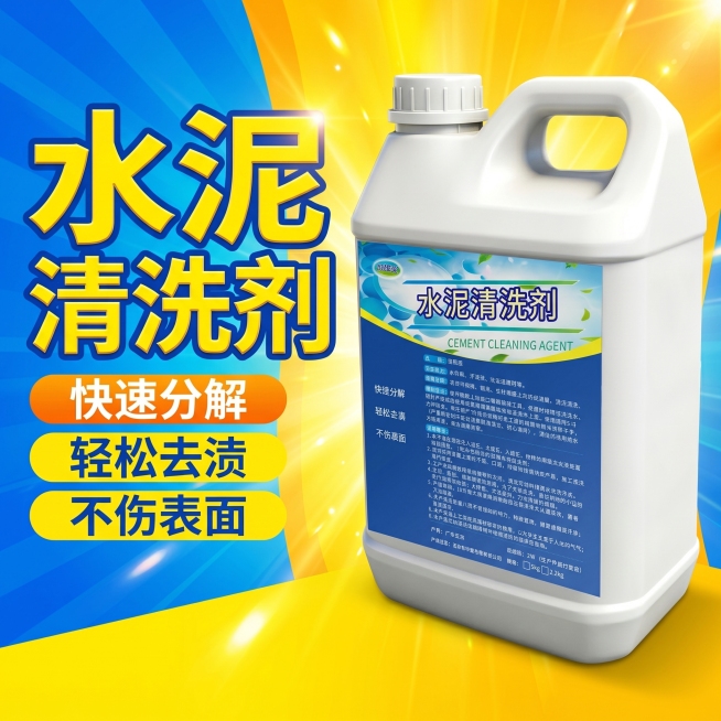 电商商品主图，800×800正方形，蓝色和亮黄喜庆醒目主色调，黄色光效背景，画面右侧放置放大的白色大容量塑料桶装水泥清洗剂产品，瓶身清晰完整，整体高清质感、光影强烈、商业促销风、细节精致、色彩饱和度高预览效果
