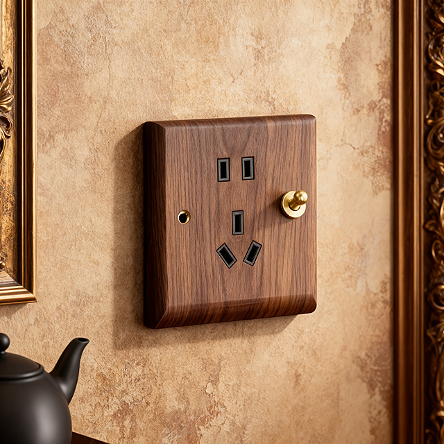胡桃木实木开关插座面板，搭配黄铜拨杆，木质纹理清晰，黄铜金属光泽自然。
保持产品物理结构与形态不变，严禁扭曲变形。
安装在复古风格豪华装修墙面上，参考图的复古质感相似度50%。
全屋漫射柔光，低对比度，阴影柔和清淡。
暖棕复古色调，低饱和度，温馨质感。
产品位于画面中心位置，构图稳定。
微侧视角增加空间纵深感。
墙面保留复古高级装修纹理，质感与参考图相似但不相同。
消除原图所有品牌文字信息。
严格保持1:1画面比例，4K分辨率。