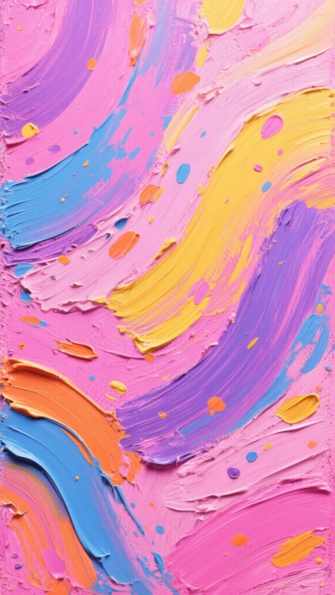 抽象表现主义风格的炫彩背景，以明亮的粉色、紫色和黄色为主色调，融合蓝色和橙色的点缀，呈现出丰富的色彩和谐度。画面采用大胆奔放的笔触质感，厚重的油画颜料堆叠出明显的肌理效果，长而有力的刮擦笔触与飞溅的大小不一的色块、色点相互交织，营造出充满动感和活力的氛围。整体构图饱满，没有明显的视觉焦点，色彩和笔触在画布上自由流淌，形成一种随性而富有生命力的视觉效果。光线表现为均匀的漫反射，使得所有色彩都能充……预览效果