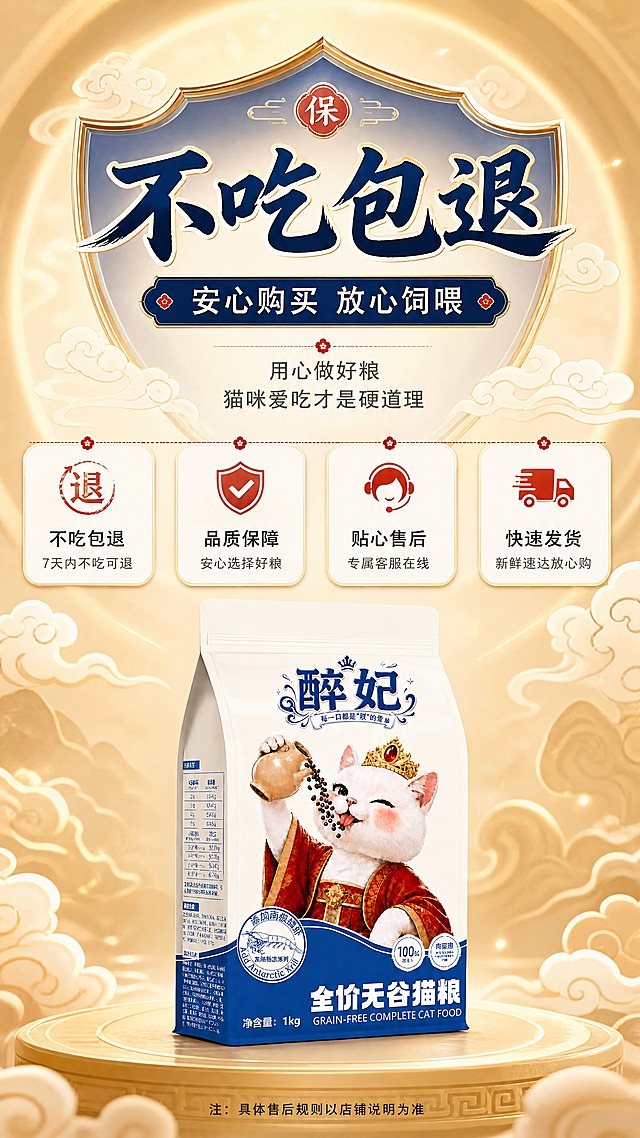 [商品] 使用【图1】醉妃全价无谷猫粮包装放在画面中央偏下，占画面约40%；保留包装所有原貌。
[画面] 目标：售后保障页，降低购买决策顾虑。构图：中心对称型，包装位于下方中央，上方为盾牌式售后承诺图标与文字；背景为暖金色渐变，带淡祥云纹理，四周有柔和光晕；≥3层层次（盾牌图标层、包装主体层、背景光晕层）。
[视觉] 套系策略：风格=国潮宫廷萌系商业摄影，食品级食欲感；标题字=国风书法粗体，带轻描边；正文字=圆润无衬线体；主色=藏青蓝 + 暖金；背景延展=基于藏青蓝与暖金做深浅层级、同色渐变、祥云纹理和纸张质感；强调色=朱砂红，仅用于小面积图标、引线、标签和点缀；标题色=藏青蓝；正文色=深炭灰；组件=圆角白底信息卡、细线引线、国风印章式标签；光影=正面暖柔光，均匀明亮。
[文字] 上部主标题「不吃包退」，副标题「安心购买 放心饲喂」；下方2行短说明：「用心做好粮」「猫咪爱吃才是硬道理」；底部小字提示具体售后规则以店铺说明为准；所有文字横排，不遮挡包装。
[规格] 图片比例9:16竖版，4K，负向提示：避免出现功效类表述、"健康"字眼、极限词、平台名称、虚假承诺、文字竖排、冷色调主导。