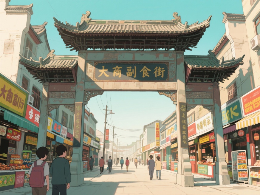 生成一张副食街的二次元漫画图片，在副食街的入口处需要一个牌坊，牌坊上写“大商副食街”预览效果