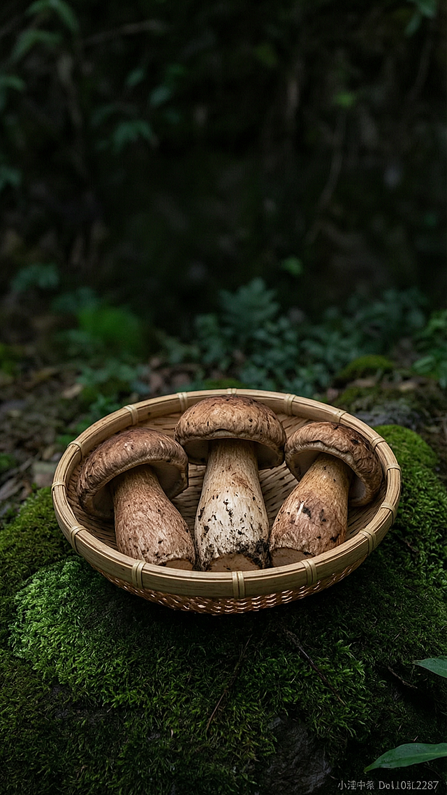 参考图片风格，竹筐装着新鲜牛肝菌野生菌，深色深绿色苔藓山野背景，无任何文字，自然无公害，深色系竖版9:16海报
