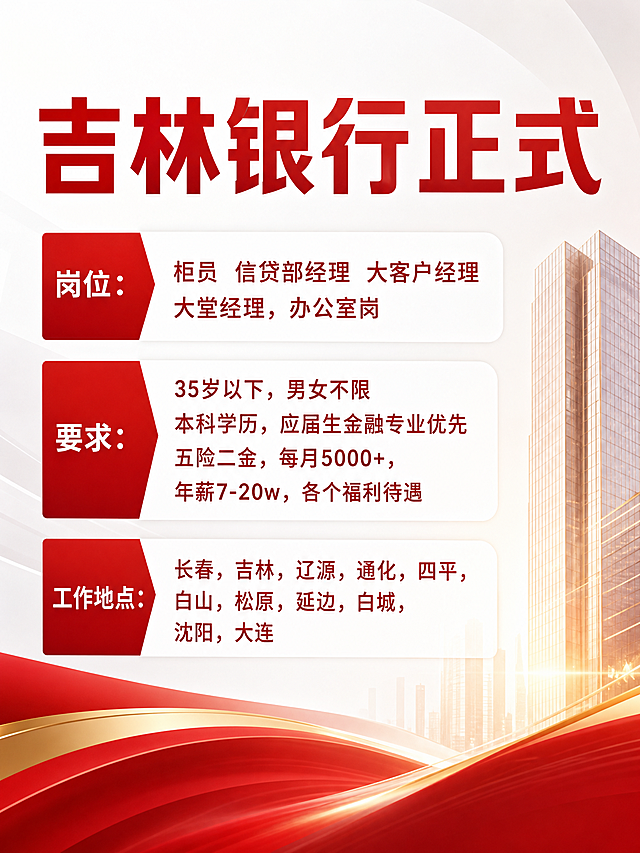 简洁大气金融宣传图，仅保留给定文字："吉林银行正式 岗位：柜员 信贷部经理 大客户经理 大堂经理，办公室岗 要求：35岁以下，男女不限本科学历，应届生金融专业优先，五险二金，每月5000+,年薪7-20w，各个福利待遇 工作地点：长春，吉林，辽源，通化，四平，白山，松原，延边，白城，沈阳，大连"，不能添加任何额外文字，不包含招聘两个字，排版清晰明了。