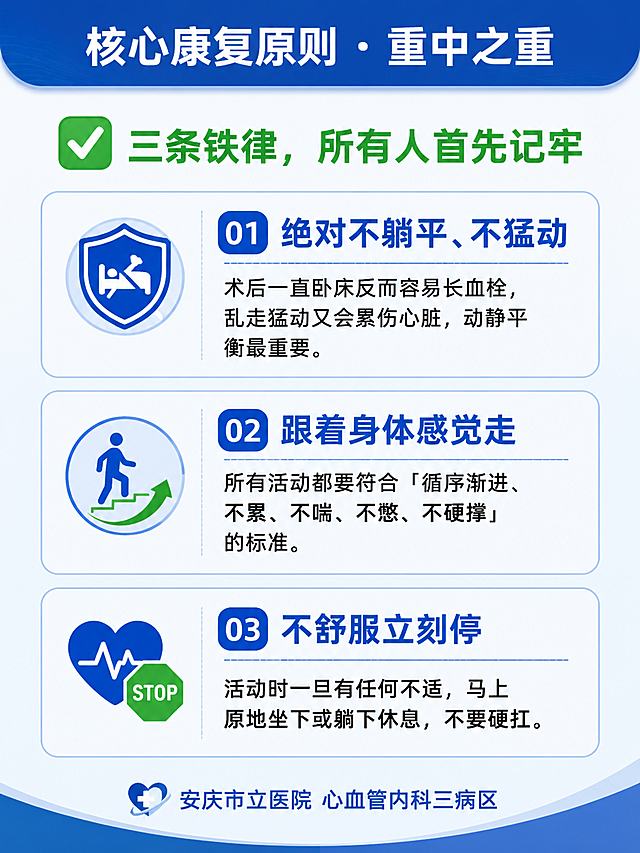 医院官方专业风格医疗宣教三折页内页，蓝白主色调，简洁严谨。竖版3:4构图，三折页第二面。顶部蓝色标题栏写着"核心康复原则 · 重中之重"。主标题下方有绿色对勾图标和大字："✅ 三条铁律，所有人首先记牢"。下方分三个区块，每个区块有编号和大字号内容：第一条："绝对不躺平、不猛动"，小字说明："术后一直卧床反而容易长血栓，乱走猛动又会累伤心脏，动静平衡最重要。"第二条："跟着身体感觉走"，小字说明："所有活动都要符合「循序渐进、不累、不喘、不憋、不硬撑」的标准。"第三条："不舒服立刻停"，小字说明："活动时一旦有任何不适，马上原地坐下或躺下休息，不要硬扛。"每条前面有图标装饰。大字号清晰易读，适合老年患者。底部标注"安庆市立医院 心血管内科三病区"。版式精美，信息分区明确。
