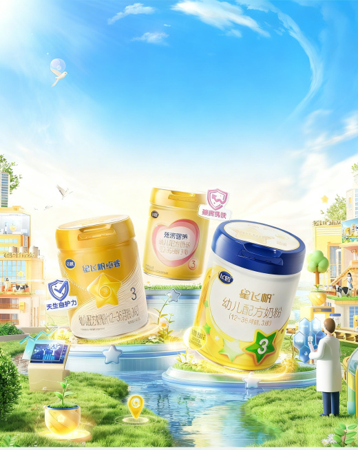 去掉图片中的所有奶牛、文字以及产品，保留原有的天空、草地、溪流、卡通城市建筑、树木、飞鸟、科学家人物等背景场景元素，画面衔接自然真实预览效果