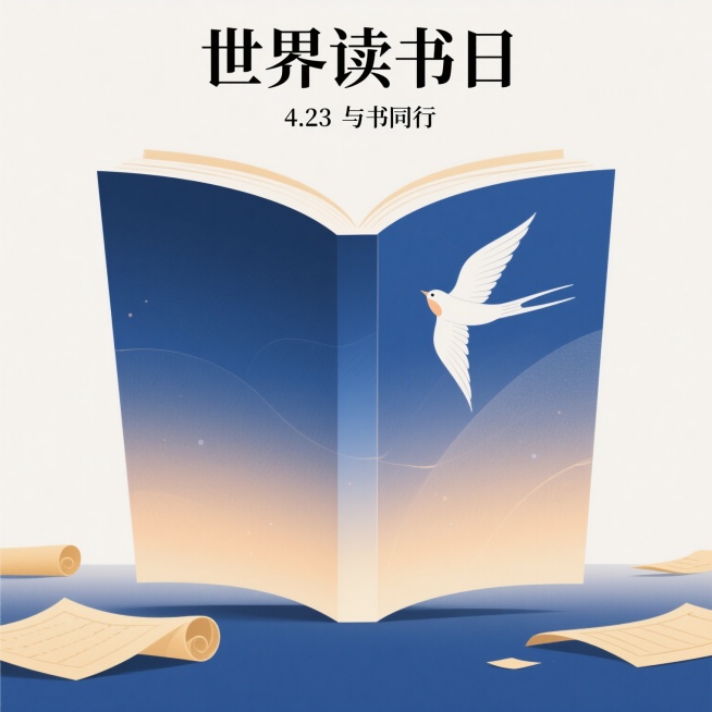 极简风格海报，中央是一本翻开的书，书页化作展翅的白色飞鸟，背景为渐变深蓝（从中心到边缘变浅），底部散落几页泛黄的纸卷。顶部有黑色宋体文字“世界读书日”，下方配小字“4.23 与书同行”，无多余装饰，画预览效果