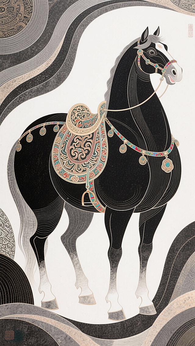 工笔细腻勾勒黑骏马，岩彩晕染鎏金鞍鞯，古典中式纹饰交织民族风韵，流云背景烘托祥瑞气度。