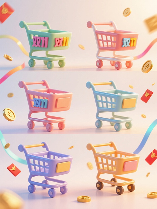 3D渲染风格的购物车海报，六个不同配色、不同样式、不同材质的精致购物车造型，上下两行整齐对齐排列，浅色背景，整体采用明亮欢快的色彩基调，柔和的光源从上方照射，形成清晰的高光和阴影，呈现出光滑细腻的3D质感和圆润可爱的形态。购物车周围有动态的彩色光带和金色硬币、红包元素飞舞，营造出热闹喜庆的氛围。画面视觉层级分明，突出购物车主体，融入醒目的“双11”促销文案，采用无衬线粗体字体，色彩鲜明，通过大小和位置强调核心促销信息，整体设计简洁高效，具有强烈的促销属性和吸引力，能在短时间内传达双11购物的核心主题。