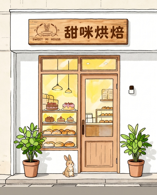 参考图片一的漫画风，把图片二的甜咪烘焙店门店门头改成简约手绘漫画风格，保留甜咪烘焙店SWEET MI HOUSE的品牌logo和文字信息，保留门店原有结构，整体风格温馨治愈，吸引顾客到店消费预览效果