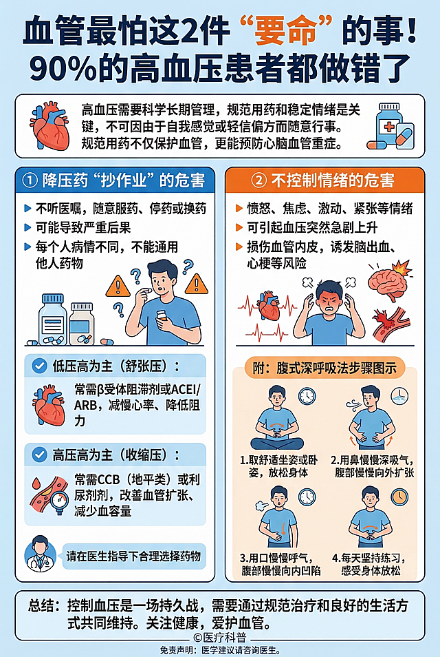 医疗科普图文海报，主题是高血压患者血管最怕的两件事，整体风格简洁清晰，蓝白色调为主，排版分区明确：顶部是醒目标题“血管最怕这2件“要命”的事！90%的高血压患者都做错了”，下方是导语区域讲解高血压用药和情绪的重要性，再分为两个板块分别介绍“降压药‘抄作业’”的危害，区分低压高和高压高的不同人群对应用药说明，以及“不控制情绪”的危害，附带腹式深呼吸法的步骤图示，底部是结语内容，文字清晰易读，配有血管、血压相关的简约插画元素