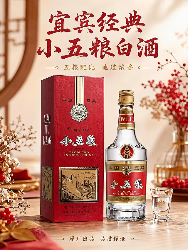 [第1屏] 详情页头图-小五粮52度白酒氛围海报。本屏使用【图1】作为商品主体。
[氛围/风格] 高端喜庆氛围，红金轻奢风格，商业摄影质感。
[元素布局] 小五粮酒瓶和酒盒居中放置，占比约70%；保持酒盒、酒瓶的外观、物理结构、材质质感、颜色与输入产品图一致，杜绝任何变形和色差。背景搭配浅木纹餐桌，周围点缀干花、一个盛酒小玻璃杯，营造温馨宴请氛围。画面层次清晰，商品主体突出。
[光影质感] 前侧方柔光打亮，瓶身玻璃形成自然高光，红金包装质感细腻，背景柔和虚化，明暗层次舒适。
[配色色系] 全局底色 #f8f2ed；主色保留产品经典红金；辅助色浅木色桌面，营造温馨高级感。
[视角构图] 正面平视视角，产品为绝对视觉中心，阅读动线从上到下。
[文字版式] 版式为顶部标题 + 中部产品 + 底部信息。主标题 "宜宾经典 小五粮白酒"，温润书法字体，红色粗体居中；副标题 "五粮配比 地道浓香"，金色小字放标题下方；底部小字标注 "原厂出品 品质保证"，文字不遮挡产品主体。全套标题采用温润书法风格，字色仅红金两种，统一风格。
[比例分辨率] 3:4 竖版比例，4K分辨率，文字清晰可辨，高清画质。
[负向提示词] 变形，文字错乱，产品图模糊，背景杂乱，水印，电商平台Logo，颜色偏差，包装文字错乱