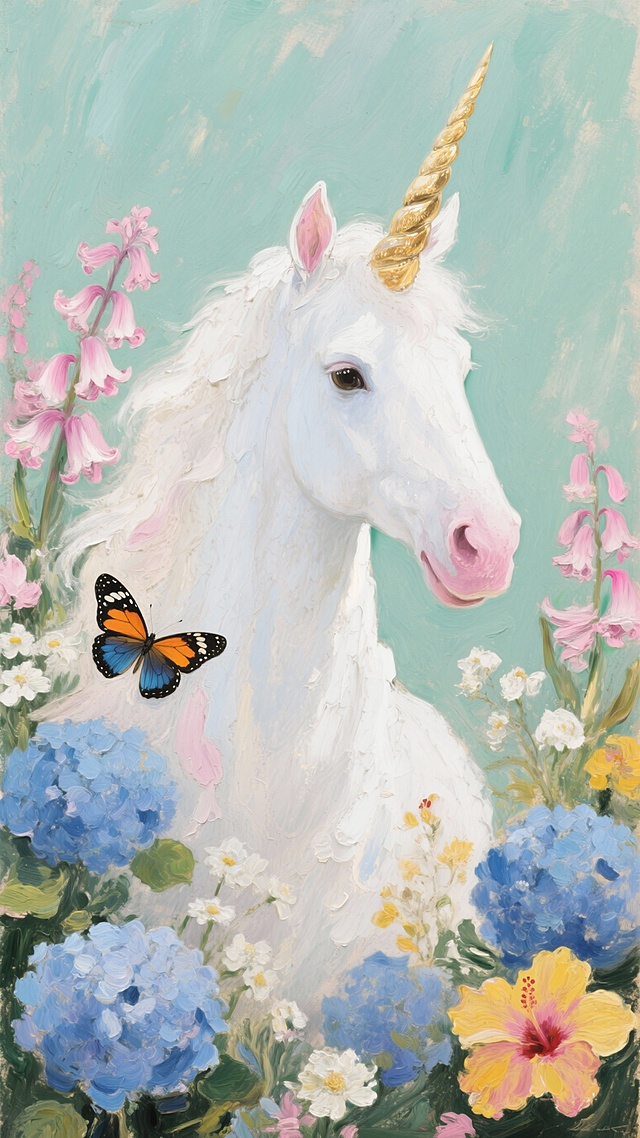 梦幻唯美的油画风独角兽，金色螺旋角点缀花丛，蝴蝶翩跹，厚涂笔触营造清新柔和的超现实意境。