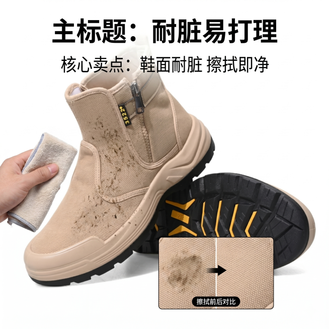 电商主图，主标题"耐脏易打理"，核心卖点"鞋面耐脏 擦拭即净"，展示鞋面轻微污渍擦拭前后对比，突出耐脏抗造特性，干净背景，主标题用粗体醒目字体，核心卖点用常规较小字体，淘宝主图风格，高清写实产品摄影，预览效果